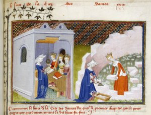 Detail of a miniature of Christine before the personifications of Reason, Rectitude and Justice and Christine with Reason building the Cité des Dames