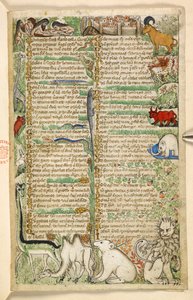 Cannibals, a walled town, and exotic animals including a giraffe, lion, camel, and elephant, from a Treatise on the Virtues and Vices, and an anonymous prose history of Sicily (fragment) by Master of the Cocharelli Codex
