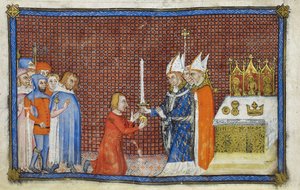 The Archbishop of Reims Returning the Sword to the King (illustration from The Coronation Book of Charles V, King of France) by Master of the Coronation Book of Charles V