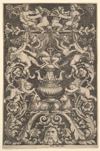 A panel of ornament with putti, goat and other figures by Master of the Die
