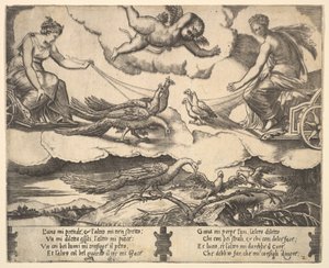 Allegory of Marriage and Love, Juno in a Chariot Drawn by Peacocks at Left, Venus, 1530-60 by Master of the Die