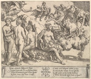 Jupiter tumbling from a horse-drawn carriage at right, Ganymede in the form of an eagle by Master of the Die
