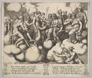 Plate 30: Venus and Cupid pleading their case in the presence of Jupiter and other Gods by Master of the Die