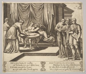 Psyche seated at a table and attended by invisible servants, Eros beside her by Master of the Die