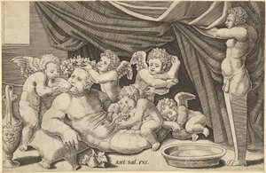Speculum Romanae Magnificentiae: Bacchus Surrounded by Putti with Priapus by Master of the Die