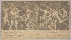 The sacrifice to Priapus who is in the form of a statue in the centre, Bacchus and a satyr by Master of the Die