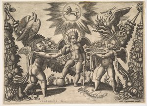 Two Putti Presenting Cups Full of Gold to a Putto in the Guise of the God of Riches by Master of the Die