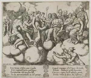 Venus and Cupid Pleading Their Cause in the Presence of Jupiter and Other Gods by Master of the Die