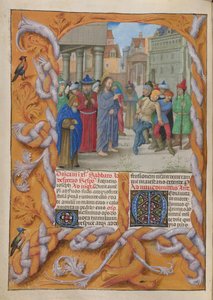 Temporale (1st portion: from First Sunday of Advent to Holy Saturday). Christ casting out a dumb devil (Third Sunday of Lent). Border and two columns of text, with initials. by Master of the Dresden Prayer Books