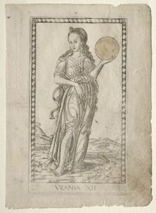Urania Astronomy from the Tarocchi Series D: Apollo and the Muses, #12, before 1467 by Master of the E Series Tarocchi