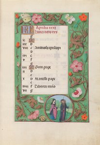 Hours of Queen Isabella the Catholic, Queen of Spain: Fol. 5r, April - Squire and Damsel by Master of the First Prayerbook of Maximillian