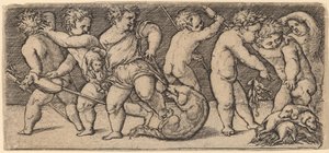Children Playing with a Dog and Three Puppies by Master of the Horse Heads