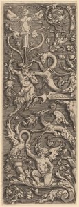 Ornament with a Cupid, a Satyr, and Grotesque Figures by Master of the Horse Heads