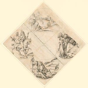 Design for a Quatrefoil with a Castle, Two Lovers, a Maiden Tempted by a Fool, a Couple Seated by a Trough, and a Knight and His Lover Mounted on a Horse by Master of the Housebook