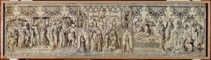 The Narbonne Altar: Christ taken prisoner, mocked, crown of thorns, crucifixion, entombment, resurrection by Master of the Parement of Narbonne