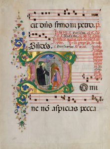 Manuscript Leaf with Saint Benedict Resuscitating a Boy in an Initial D, from an Antiphonary by Master of the Riccardiana Lactantius