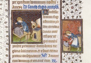 St. Eligius Making a Shrine; St. Eligius at an Anvil, from a Book of Hours by Master of the Rohan Hours