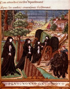 Representation of the Queen of Navarre Margarita of Angoulema (1492-1549) surrounded by her ladies going aboard a carriage for a walk from the manuscript 