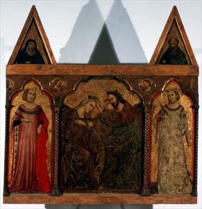 Triptych: Coronation of the Virgin Flanked by Two Saints by Master of the Urbino Coronation