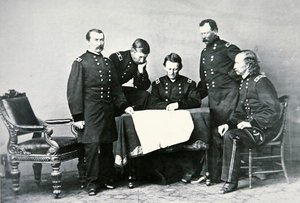General Sheridan (1831-88) in conference with his staff, including George Custer (1839-76)