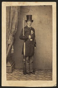 James Henry Lane (1814-1866), politician and leader of the Free State Party of Kansas, full-length portrait, with gun (sepia photo)
