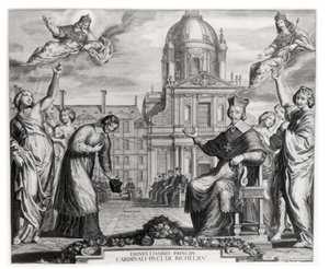 Robert de Sorbon and Cardinal Richelieu in Front of the Sorbonne, Engraved by Gregoire Huret by Matthaus the Elder Merian