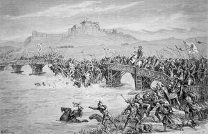 The collapse of the bridge during the Battle of Stirling Bridge, in 1297 (engraved by Roberts)
