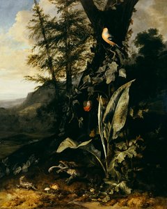 A Forest Floor with a Toad and a Lizard, a Bullfinch on a Branch of Ivy above, and a Mountain beyond by Matthias Withoos