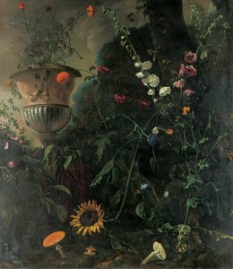 Hollyhocks, Roses, a Blue-Lace Flower, Sunflower and Toadstools, with Marigolds in an Urn by a Tree by Matthias Withoos