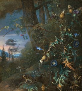 Forest Floor Still Life with a Frog and a Mushroom, Mountains Beyond by Matthias Withoos