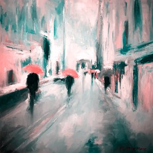 Pink Umbrellas Rainy Street