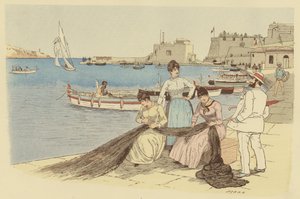 A Man Chatting to a Group of Women Mending Fishing Nets in the Town of Villefranche, France by Maurice Charles Mathieu Bonvoisin