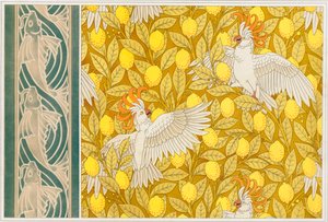 Design for Wallpaper Cockatoos with Lemons and Wallpaper Border with Flying Fish by Maurice Pillard Verneuil