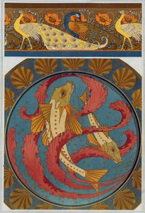 Designs for Peacock and Poppy Border, and Enamel Plate with decoration of Gurnards and Seaweed with a Scallop shell surround, from 