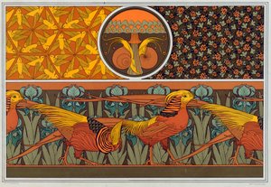 Designs for wallpaper border and fabric: Birds, Ladybirds and Maiden Hair Fern, pub. 1897 by Maurice Pillard Verneuil