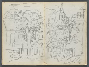 Sketchbook, The Dells, No. 127, page 084 & 85: Landscape with Houses and Spire