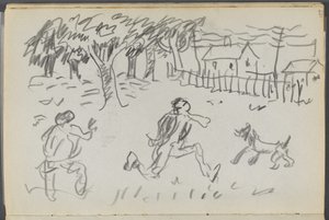 Sketchbook, The Dells, No. 127, page 107: Landscape with Figures and dog by Maurice Prendergast