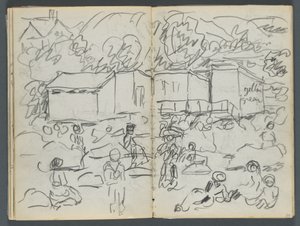 Sketchbook, The Dells, No. 127, page 114 & 115: Landscape with Figures and Buildings by Maurice Prendergast
