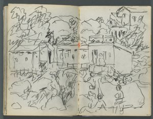 Sketchbook, The Dells, No. 127, page 146 & 147: Landscape with Figures and Buildings