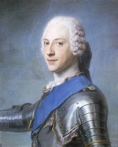 Portrait of Prince Charles Edward Stuart, bust length, in Profile to the Left, His Head Turned to the Front, His Right Arm Raised