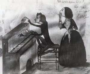 Caricature of Franz Liszt and George Sand in Nohant in 1832