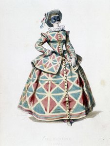 Harlequin costume and mask in 1855, female character of Harlequin in the commedia dell