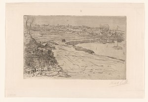 Landscape with Houses and Water with Moored Sailboats by Maurits van der Valk (signed by artist)