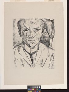 Frontal Self-Portrait with House Gable in Background by Max Beckmann