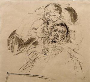Nurse and Male Figure, Bent Over a Patient