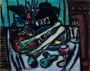 Still Life with Chianti Bottle and Celery by Max Beckmann
