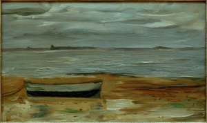 Beach with Gray Boat and Gray Sea