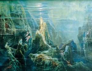 Set design for performance The Ring of the Nibelung - The Rhinegold by Richard Wagner, the Rhine daughters, Bayreuth by Max Bruckner