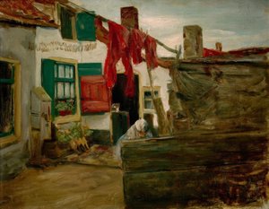 Dutch Village Corner with Hanging Laundry by Max Liebermann