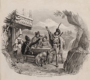 Hunters in the mountains enjoying a drink at a tavern by Maxim Gauci